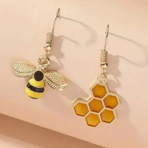 Asymmetrical Bee and Honeycomb Earrings